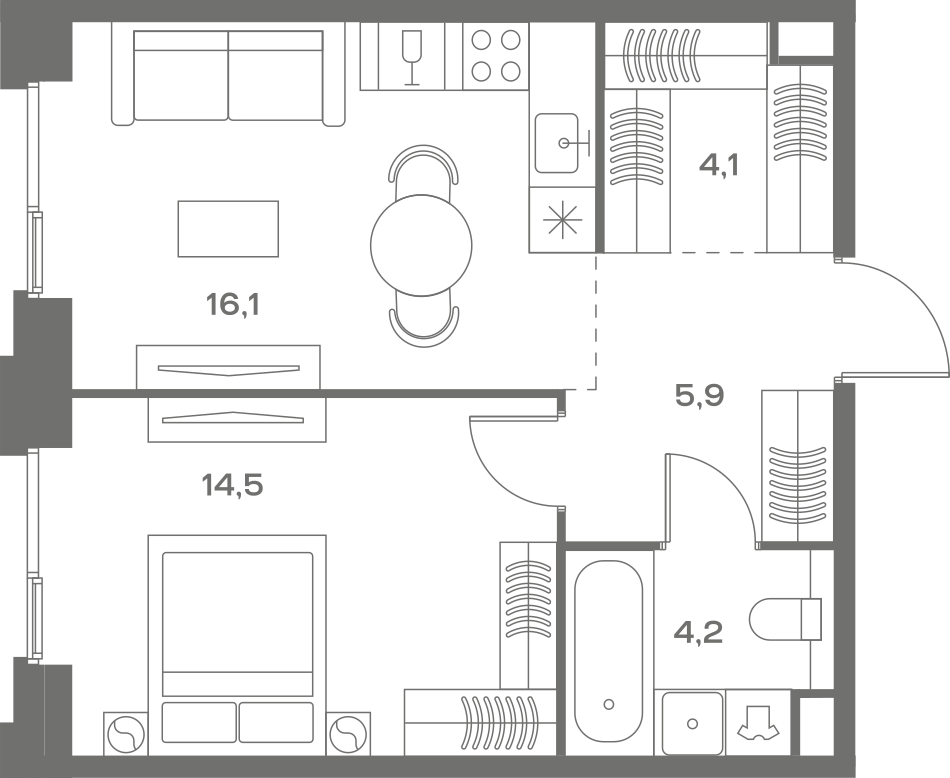 Планировка: 1-комнатная, 44,8 м²