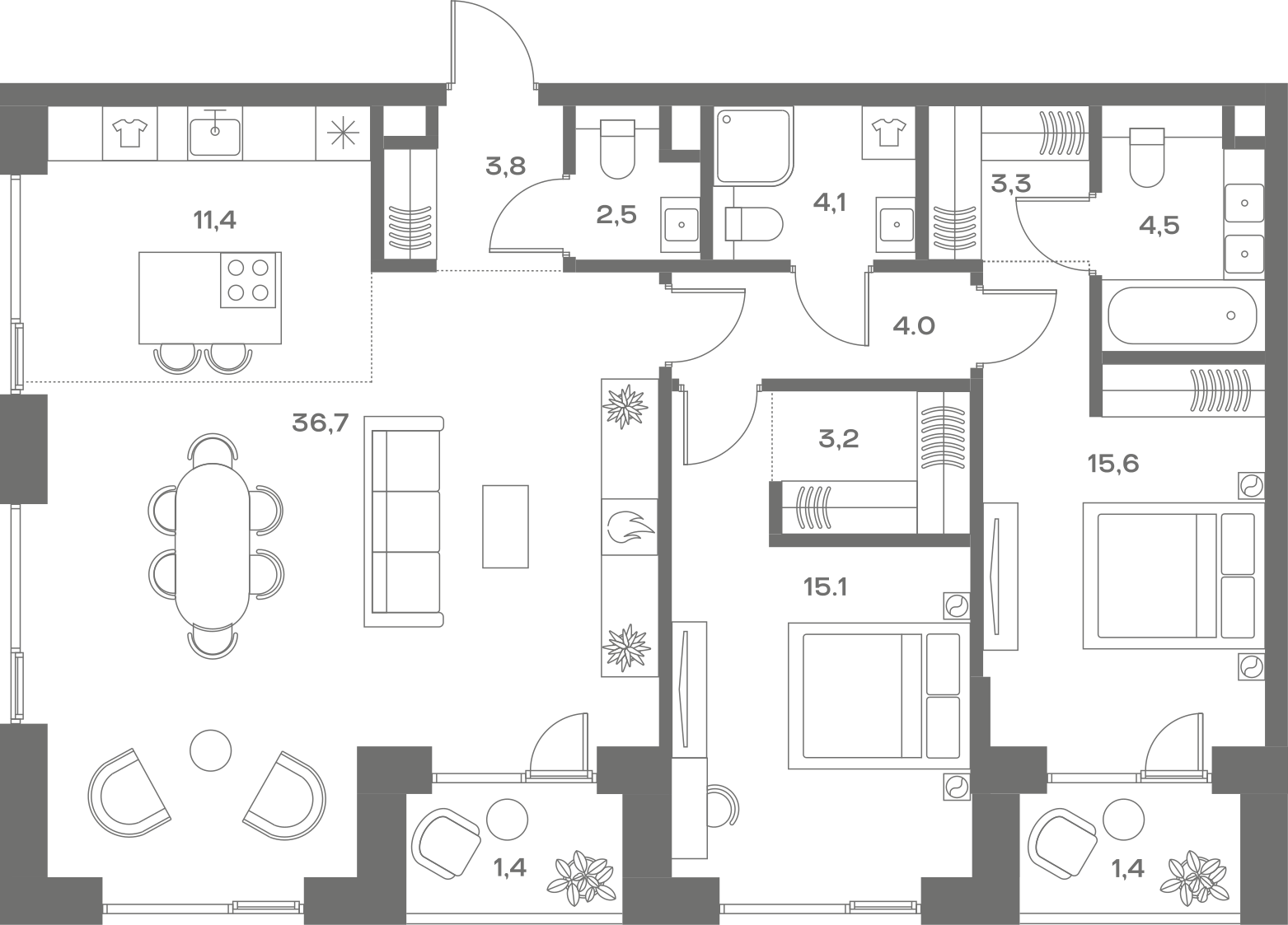 Планировка: 2-комнатная, 107 м²