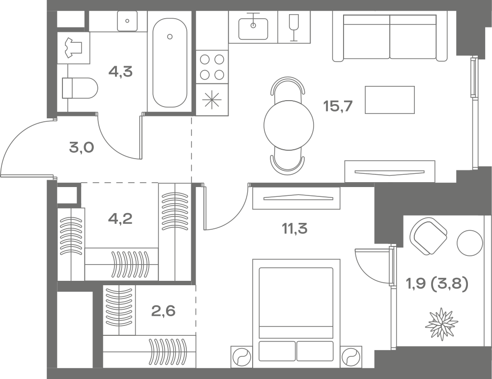 Планировка: 1-комнатная, 43 м²
