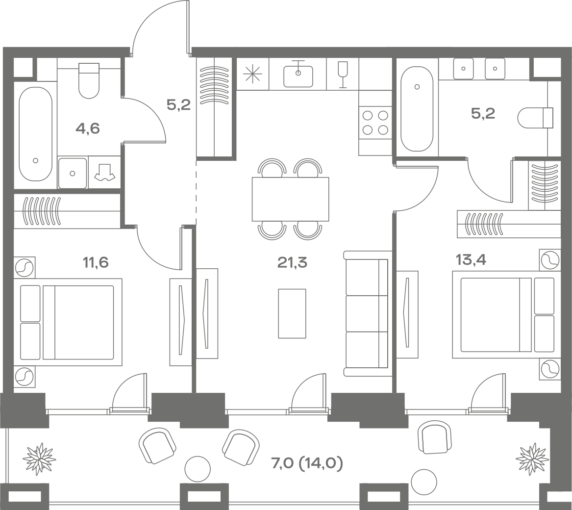 Планировка: 2-комнатная, 68,3 м²