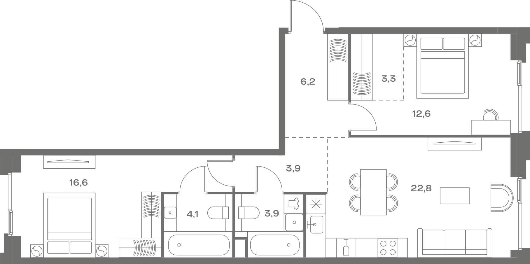 Планировка: 2-комнатная, 73,4 м²