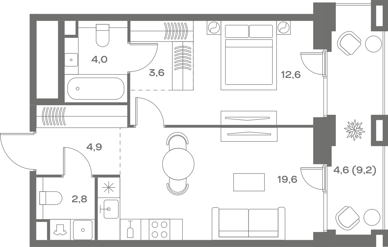 Планировка: 1-комнатная, 52,1 м²