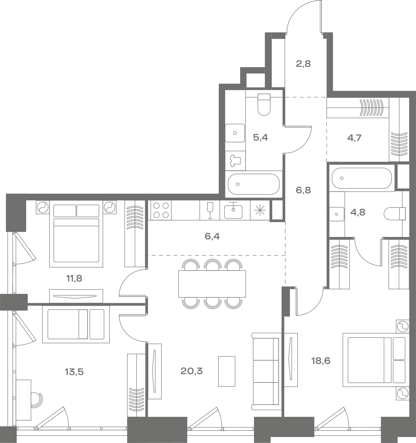 Планировка: 3-комнатная, 95,1 м²