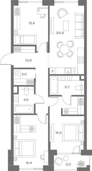 Планировка: 3-комнатная, 93,3 м²