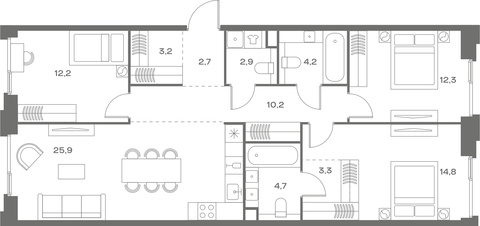 Планировка: 3-комнатная, 96,4 м²