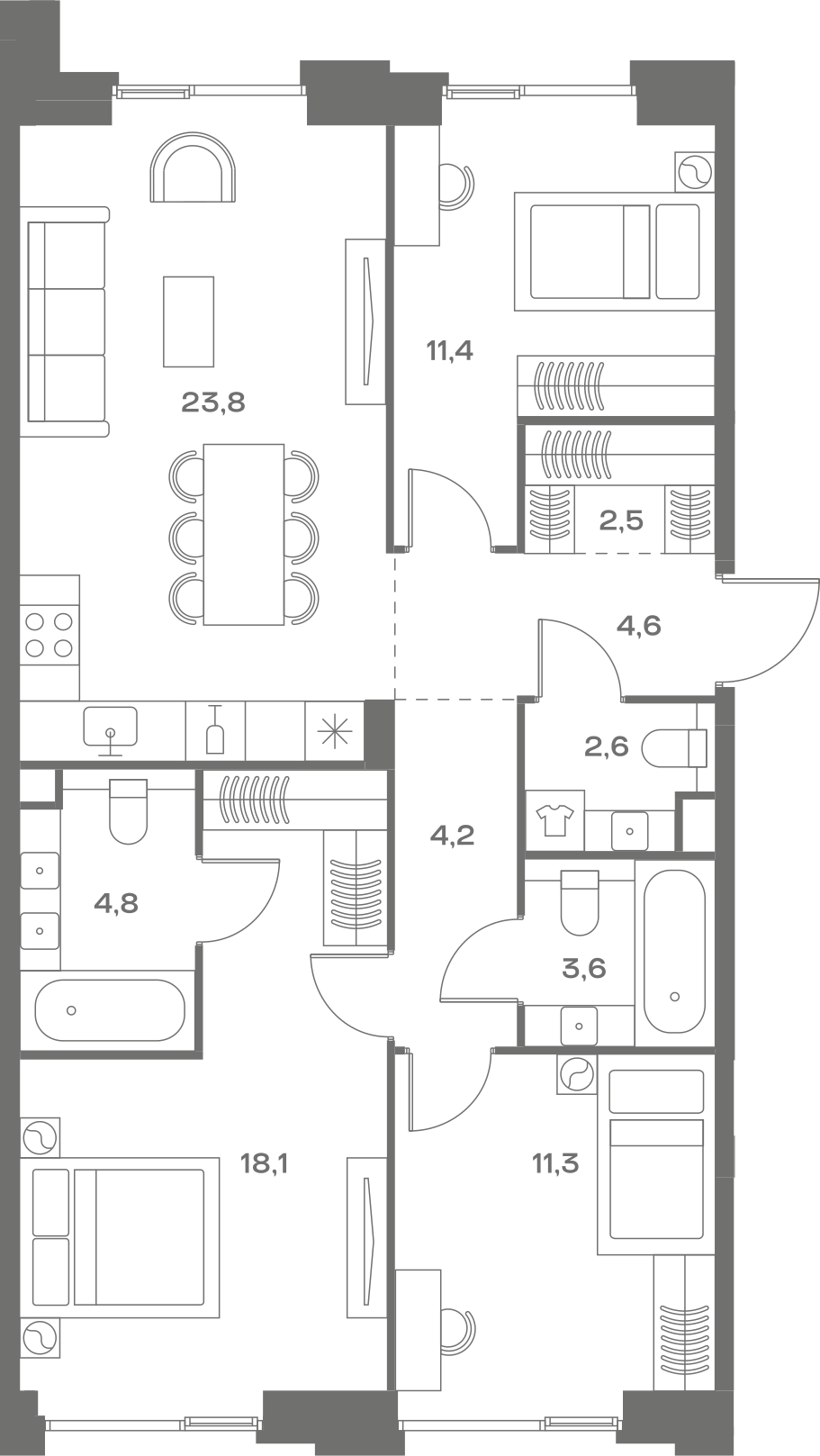 Планировка: 3-комнатная, 86,9 м²