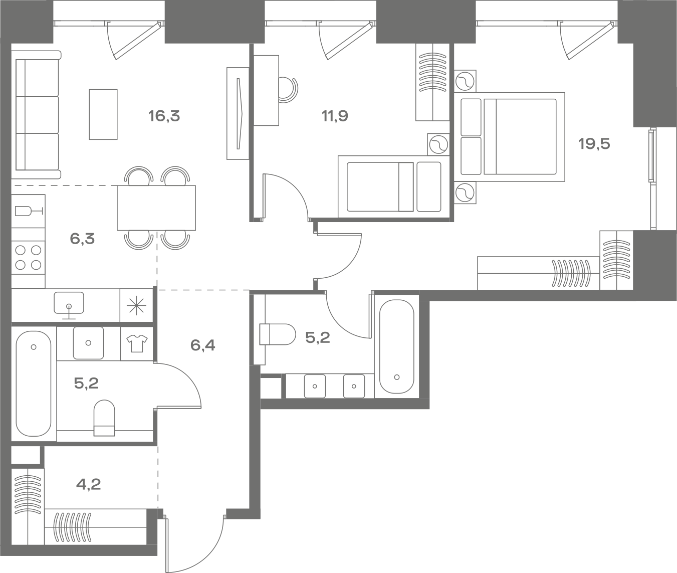 Планировка: 2-комнатная, 75 м²