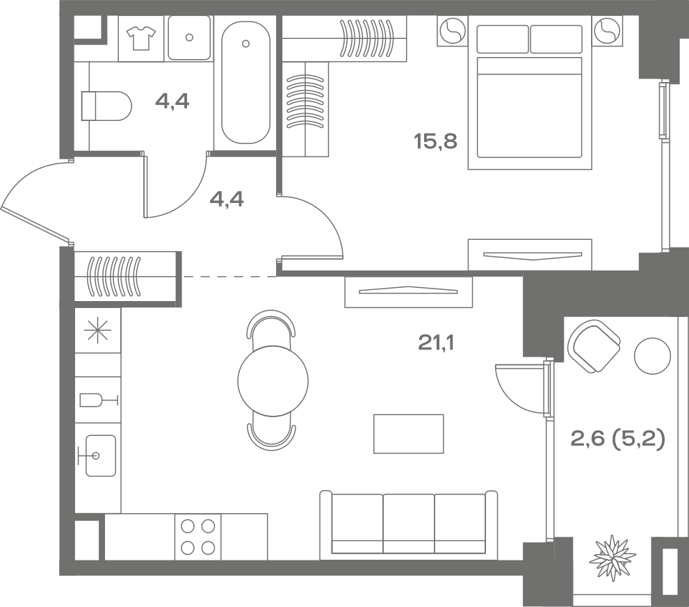 Планировка: 1-комнатная, 48,3 м²
