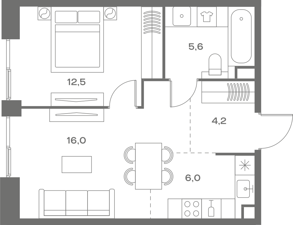 Планировка: 1-комнатная, 44,3 м²
