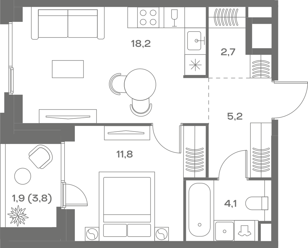 Планировка: 1-комнатная, 43,9 м²