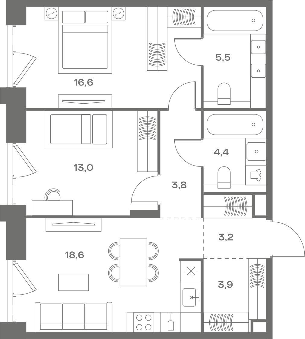 Планировка: 2-комнатная, 69 м²