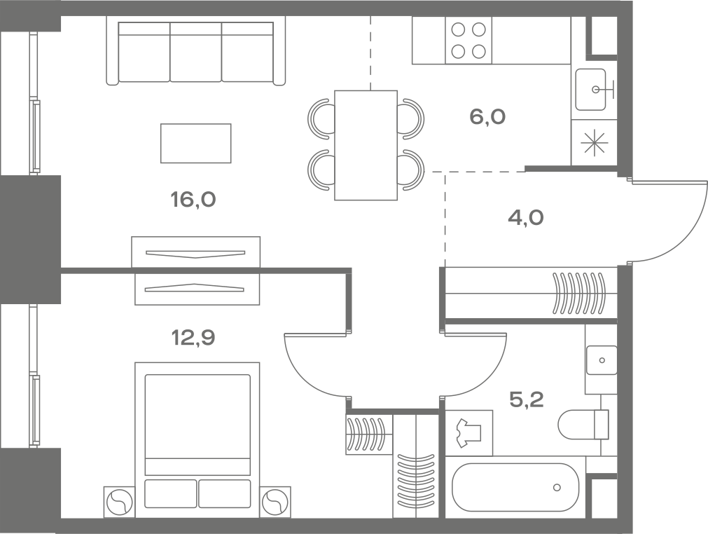 Планировка: 1-комнатная, 44,1 м²