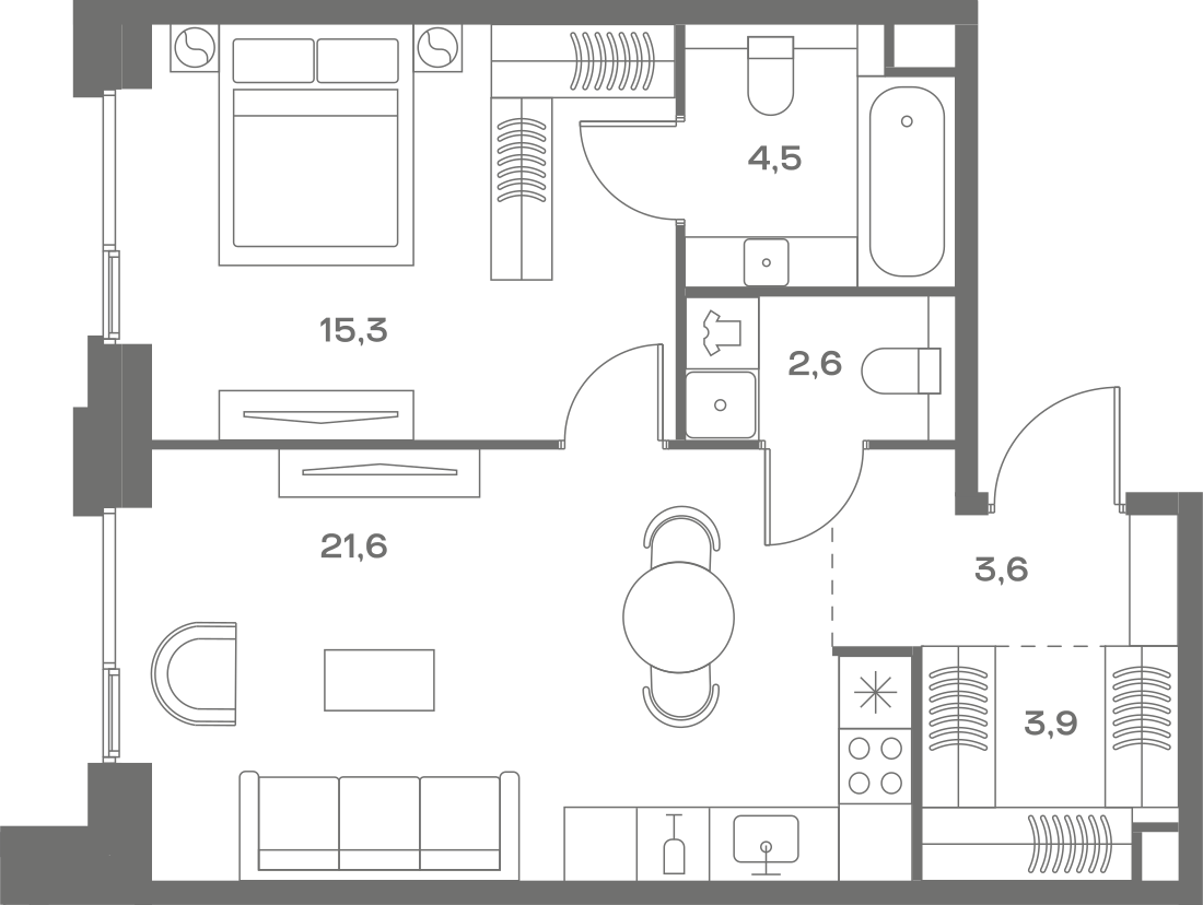 Планировка: 1-комнатная, 51,5 м²