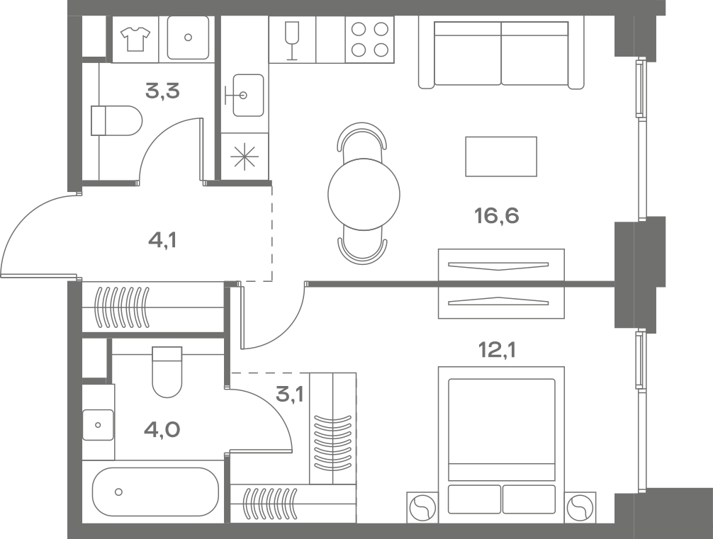 Планировка: 1-комнатная, 43,2 м²