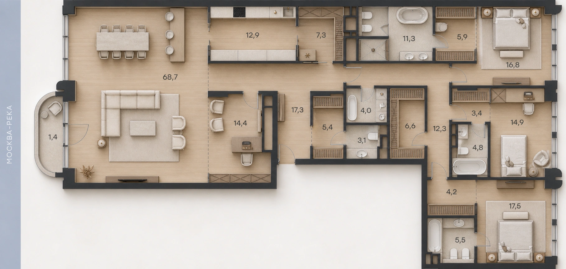Планировка апартаментов № 34, 237,7 м². 3D-визуализация.