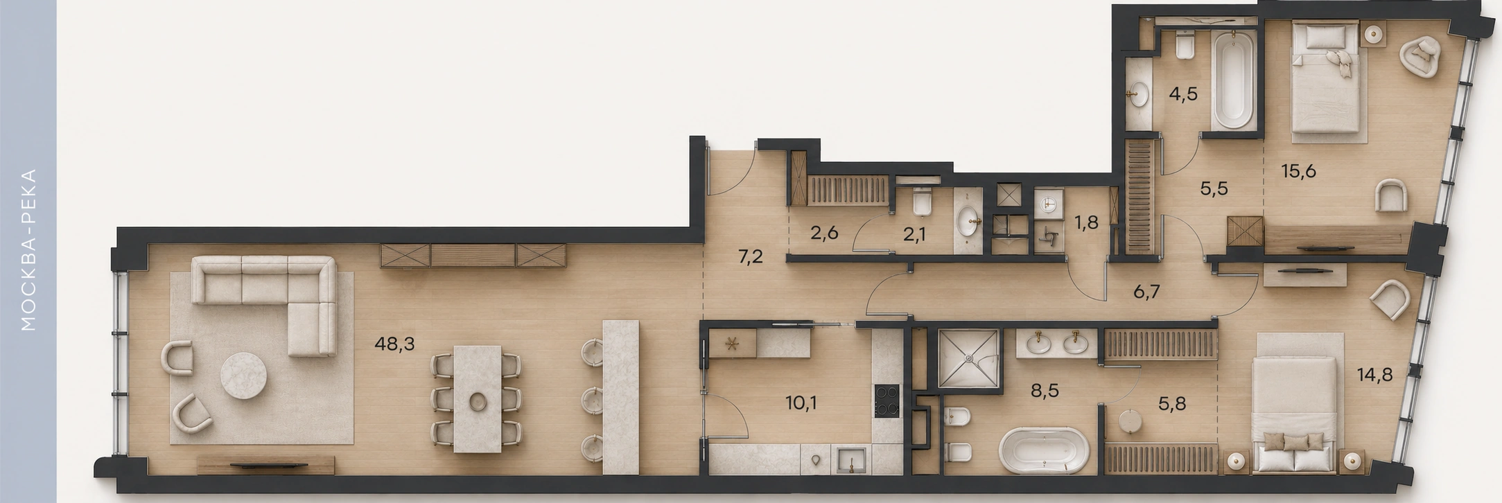 Планировка апартаментов № 39, 133,5 м². 3D-визуализация.