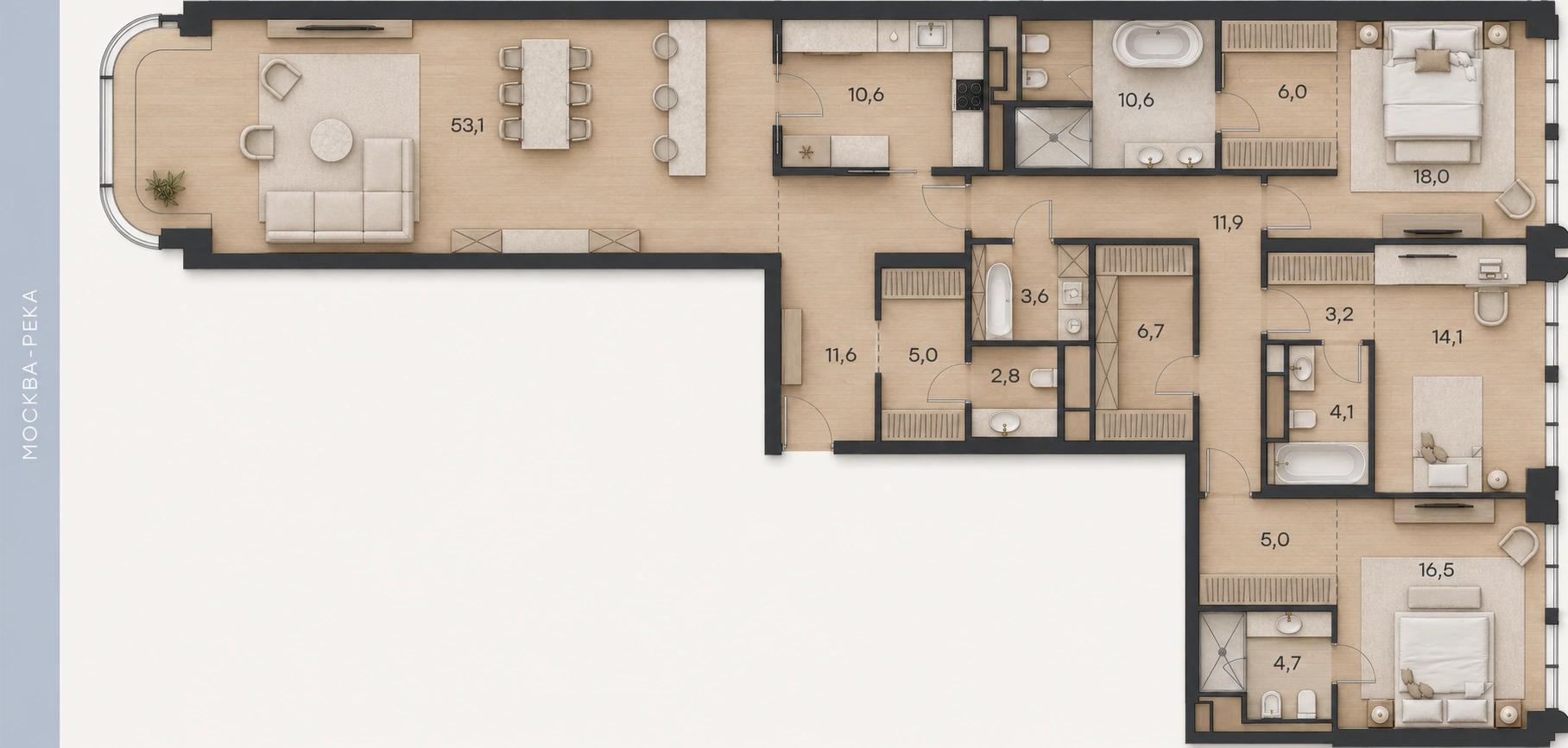 Планировка апартаментов № 41, 187,5 м². 3D-визуализация.