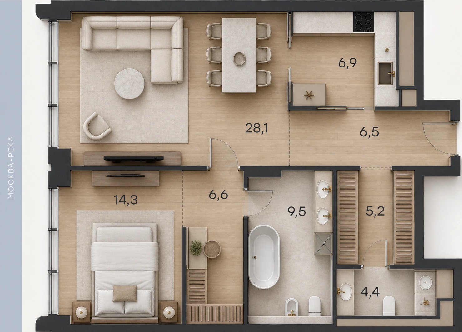 Планировка апартаментов № 5, 81,5 м². 3D-визуализация.
