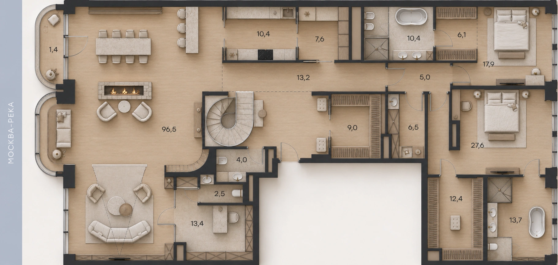 Планировка апартаментов № 50, 275,6 м². 3D-визуализация.