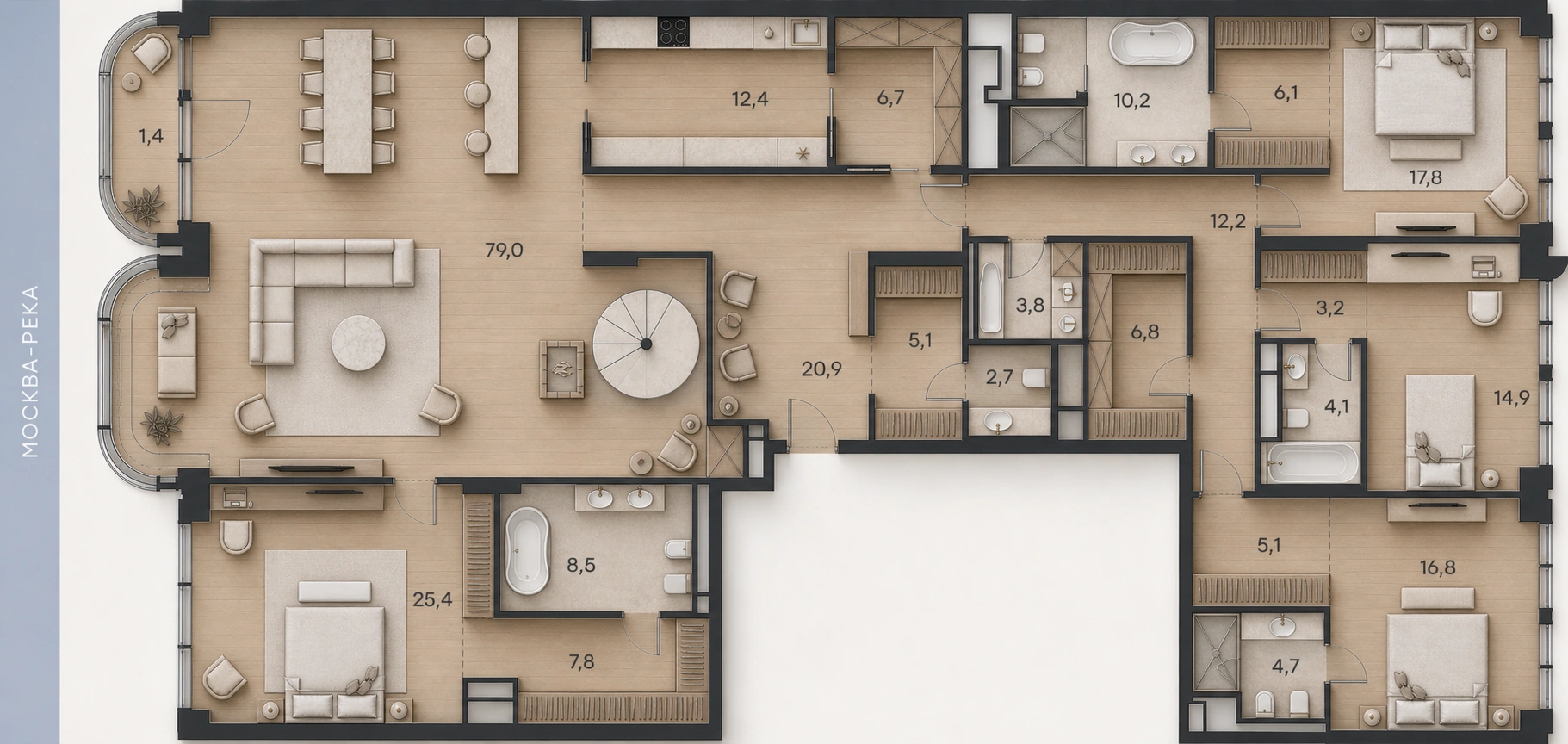 Планировка апартаментов № 50, 275,6 м². 3D-визуализация.