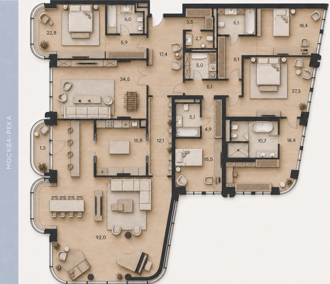 Планировка апартаментов № 51, 338,6 м². 3D-визуализация.