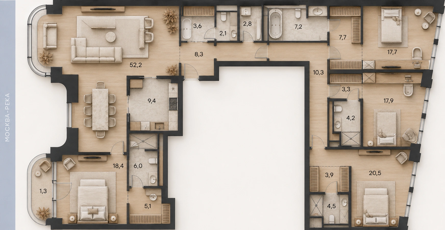Планировка апартаментов № 52, 206,4 м². 3D-визуализация.