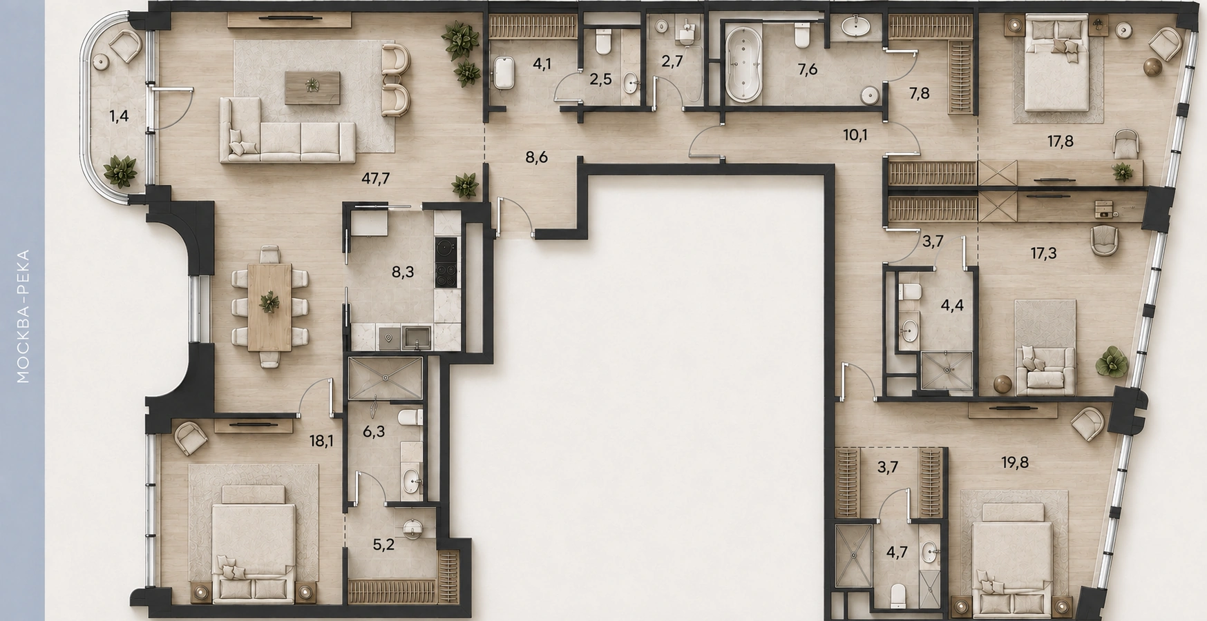 Планировка апартаментов № 54, 201,8 м². 3D-визуализация.