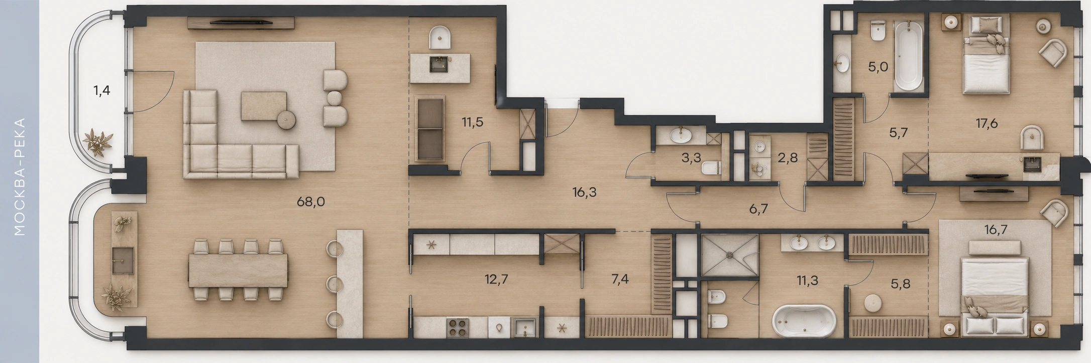 Планировка апартаментов № 9, 192,2 м². 3D-визуализация.