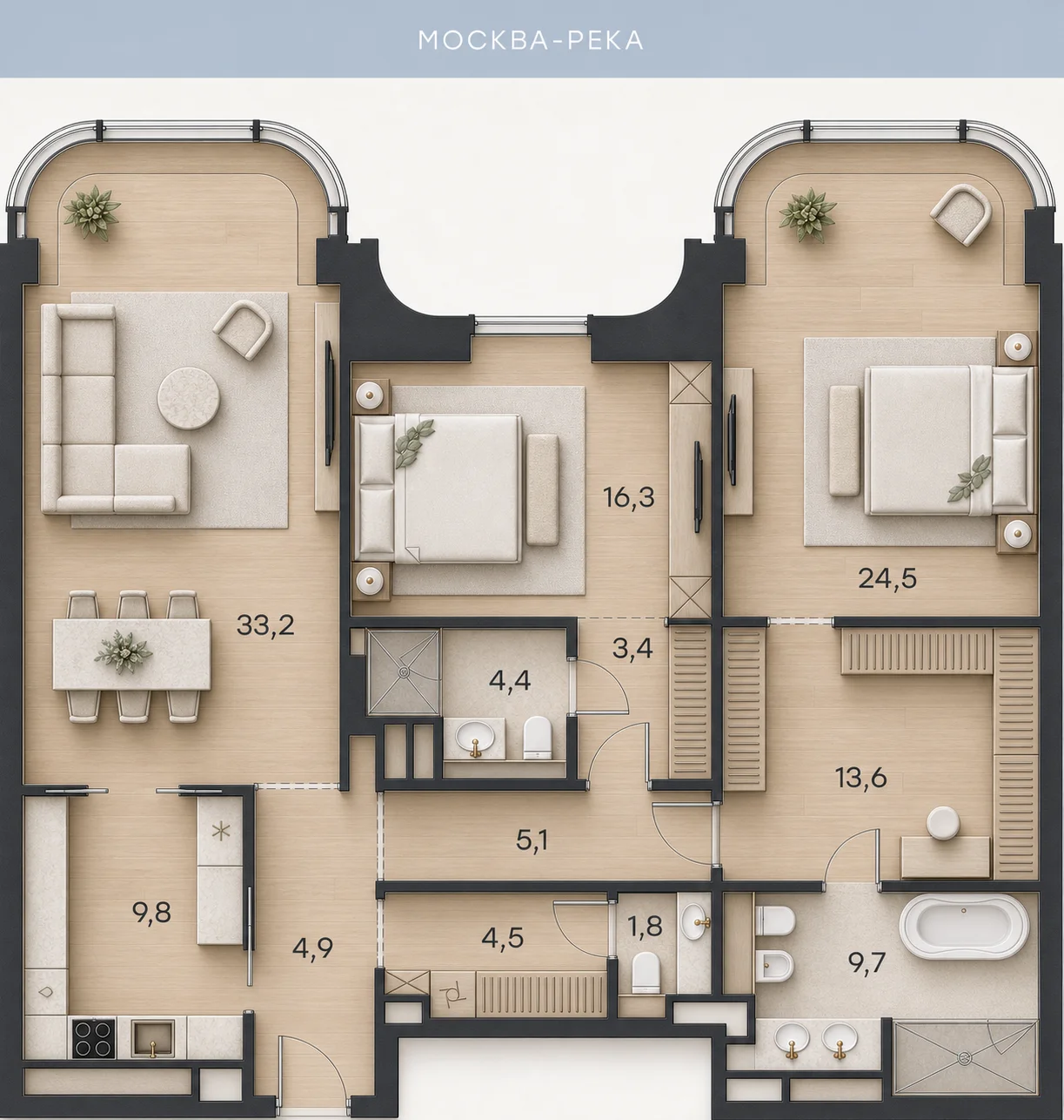 Планировка апартаментов № 23, 131,2 м². 3D-визуализация.